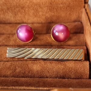SWANK | Pink Moonstone Cufflinks | Goldtone Tie Bar/Money Clip
